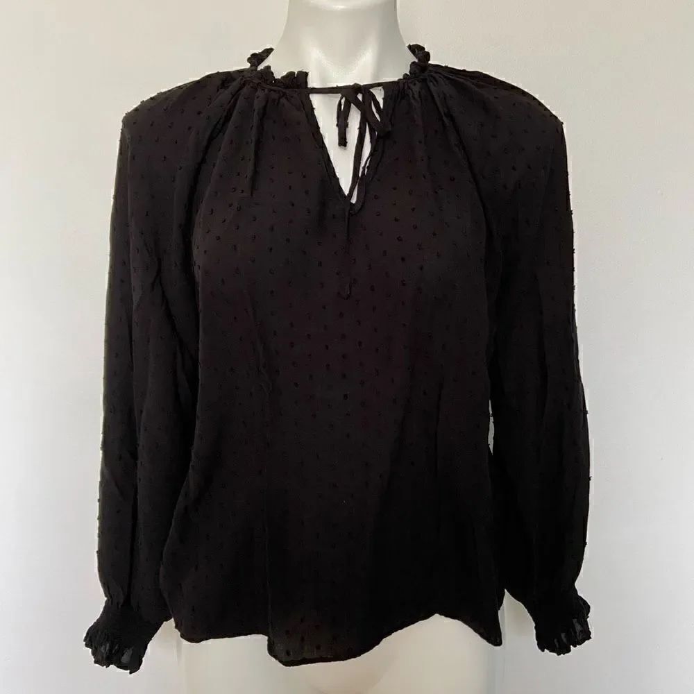 H&M Long puff sleeve black blouse neck tie
